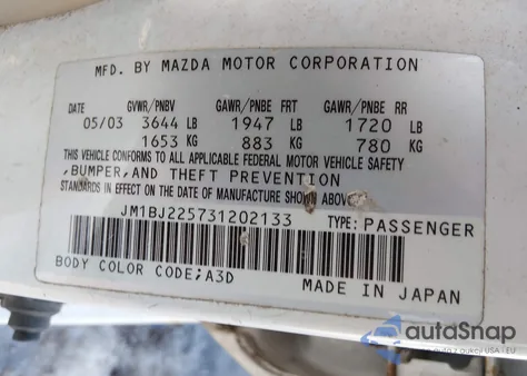 2003 Mazda Protege Dx/Es/Lx z USA, uszkodzony, nr VIN JM1BJ225731202133